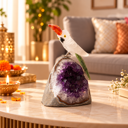 Amethyst Gemstone Crystal Parrot – Clear Quartz Body, Ruby Zoisite Tail & Orange Agate Crown, Peace & Harmony Symbol, Luxury Home Décor, 4 Inch, 0.296 kg