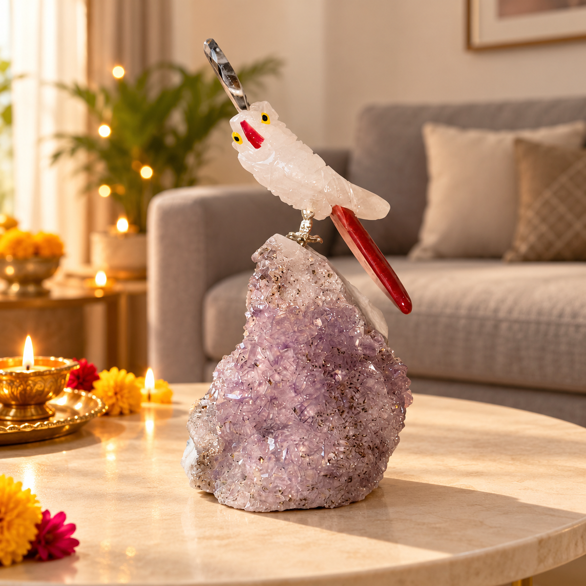 Clear Quartz Gemstone Bird on Amethyst Base – Gray Agate Crown & Orange Agate Tail, Crystal Parrot Home Décor, Clarity & Positive Energy Symbol, 4.5 Inch, 0.323 kg