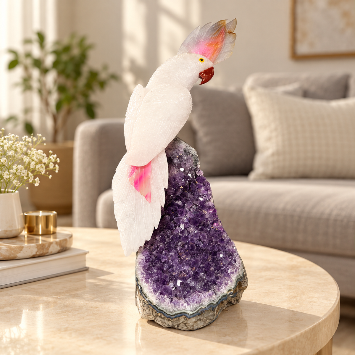 Aurevia White Quartz Gemstone Bird – Pink Agate Crystal Parrot on Amethyst, Peace & Love Symbol | 9 Inch, 1.7 kg