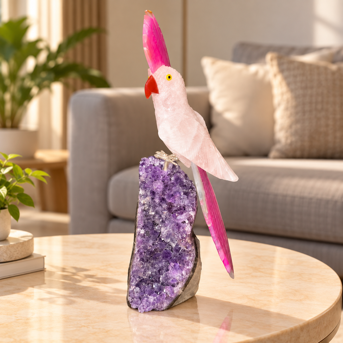 Aurevia Amethyst Gemstone Bird – Rose Quartz & Pink Agate Crystal Parrot Home Décor, Love & Harmony Symbol