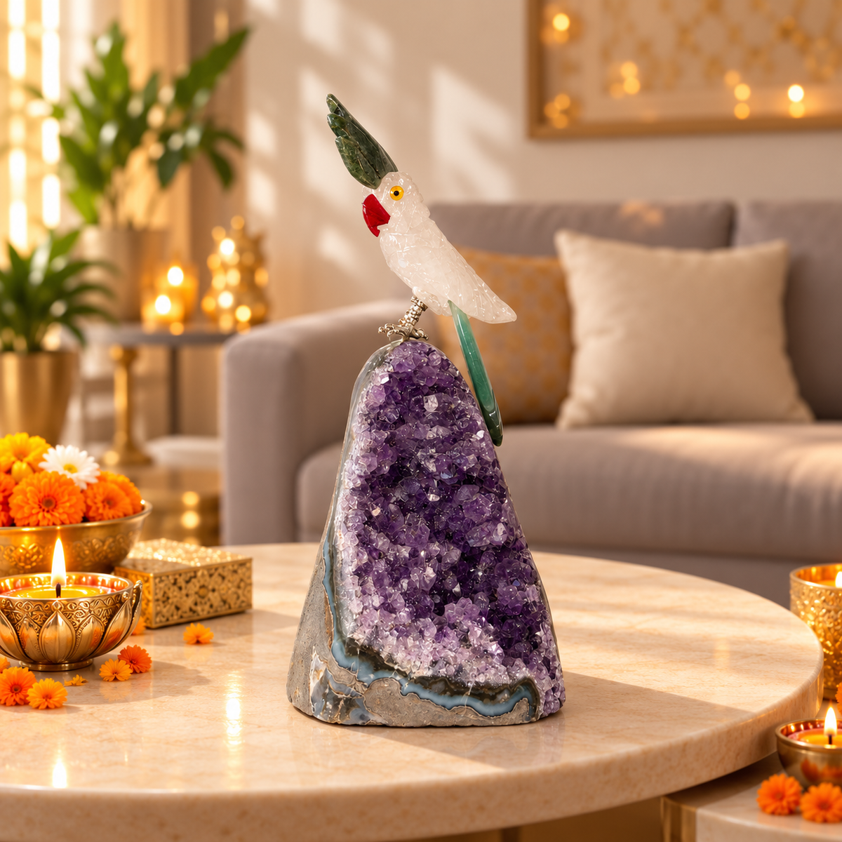 Clear Quartz Gemstone Bird on Amethyst Base – Green Aventurine & Green Agate Crystal Parrot, Clarity, Prosperity & Harmony Symbol