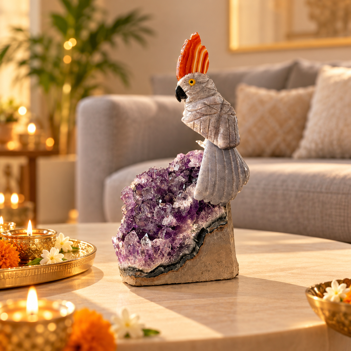 Grey Calcite Amethyst Gemstone Bird – Lapis Lazuli Tail & Orange Agate Crown, Crystal Parrot Home Décor, Peace & Clarity Symbol