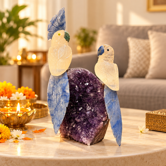 Clear Quartz & Lapis Lazuli Gemstone Dual Bird Pair on Amethyst Base – Crystal Parrot Couple Home Décor, Love & Harmony Symbol, 9 Inch, 1.7 kg