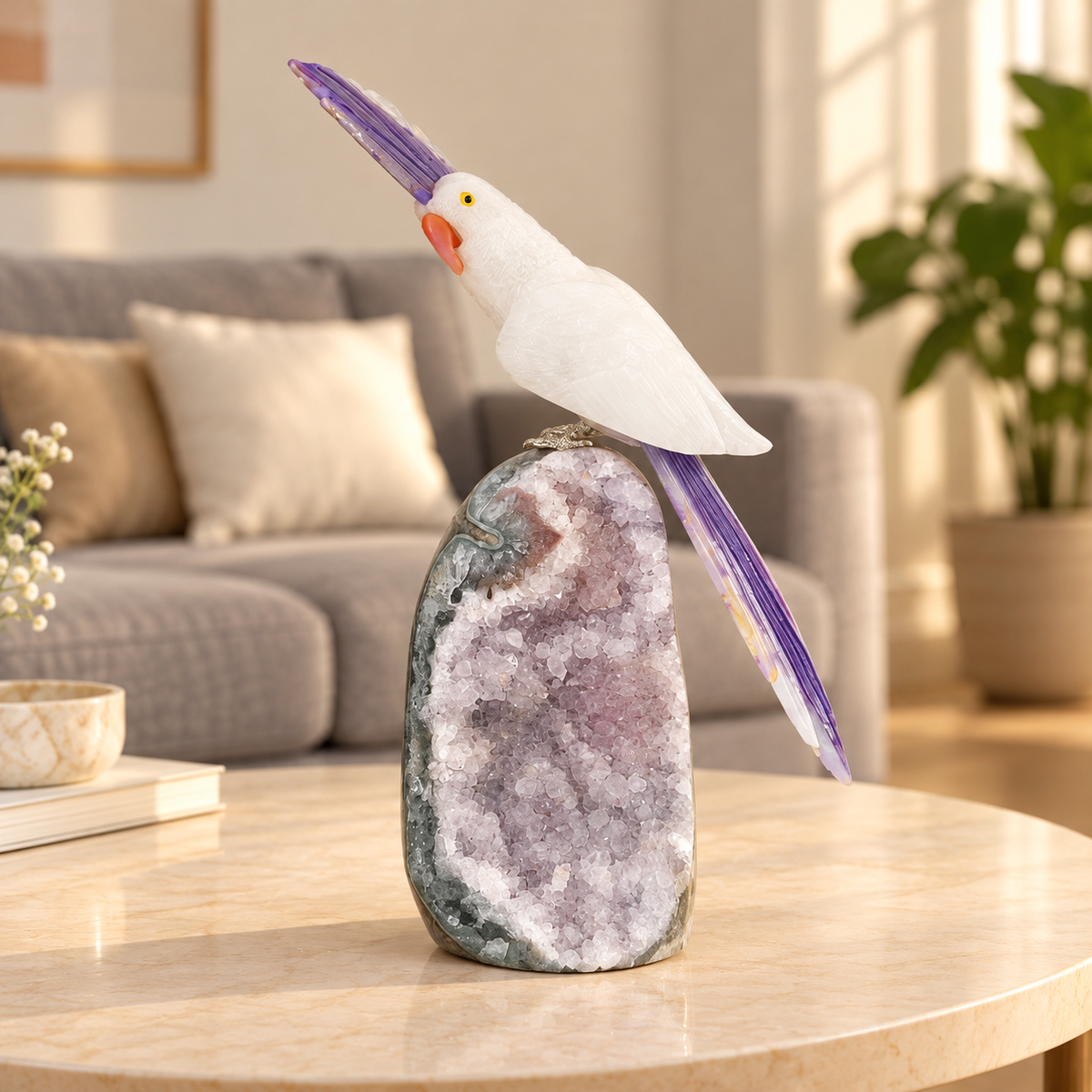 Aurevia Amethyst Gemstone Bird – White Quartz & Purple Agate Crystal Parrot Home Décor, Clarity & Harmony Symbol