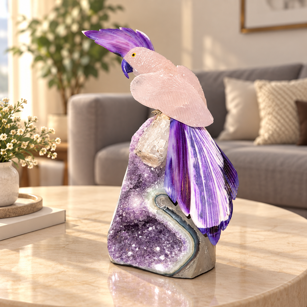 Aurevia Rose Quartz Gemstone Bird – Purple Agate Crystal Parrot on Amethyst Base, Love & Harmony Symbol | 8 Inch, 1.6 kg