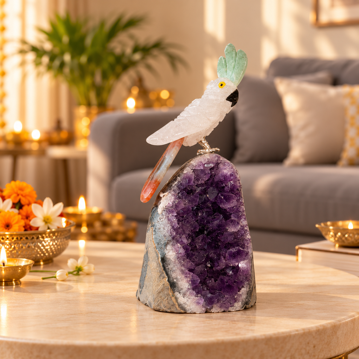 Clear Quartz Gemstone Parrot on Amethyst Base – Green Jade Crown & Brown Agate Tail, Clarity & Harmony Symbol, 4.5 Inch, 0.333 kg