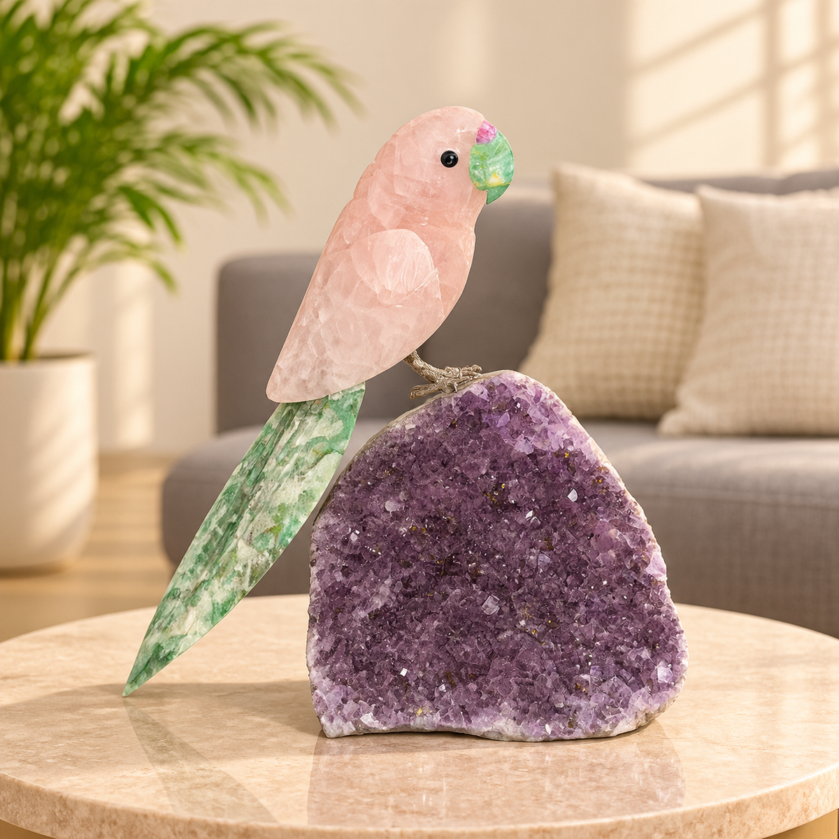 Aurevia Amethyst Gemstone Bird – Rose Quartz & Green Zoisite Crystal Parrot Home Décor, Love & Harmony Symbol