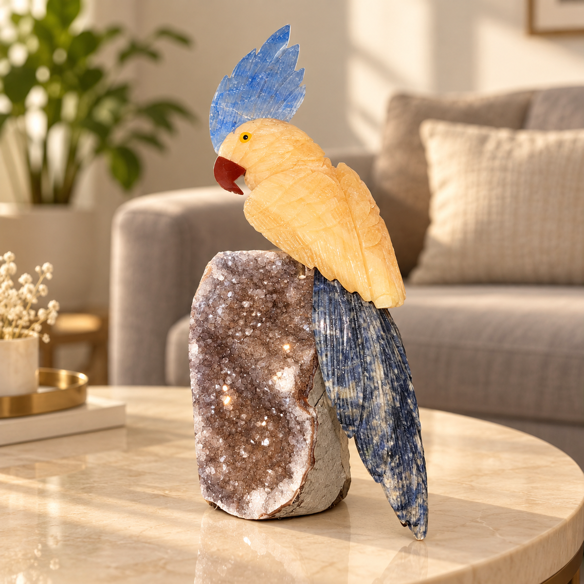 Aurevia Amethyst Gemstone Bird – Yellow Calcite, Blue Sodalite & Blue Agate Crystal Parrot Home Décor, Positivity & Wisdom Symbol | 9 Inch, 1.5 kg