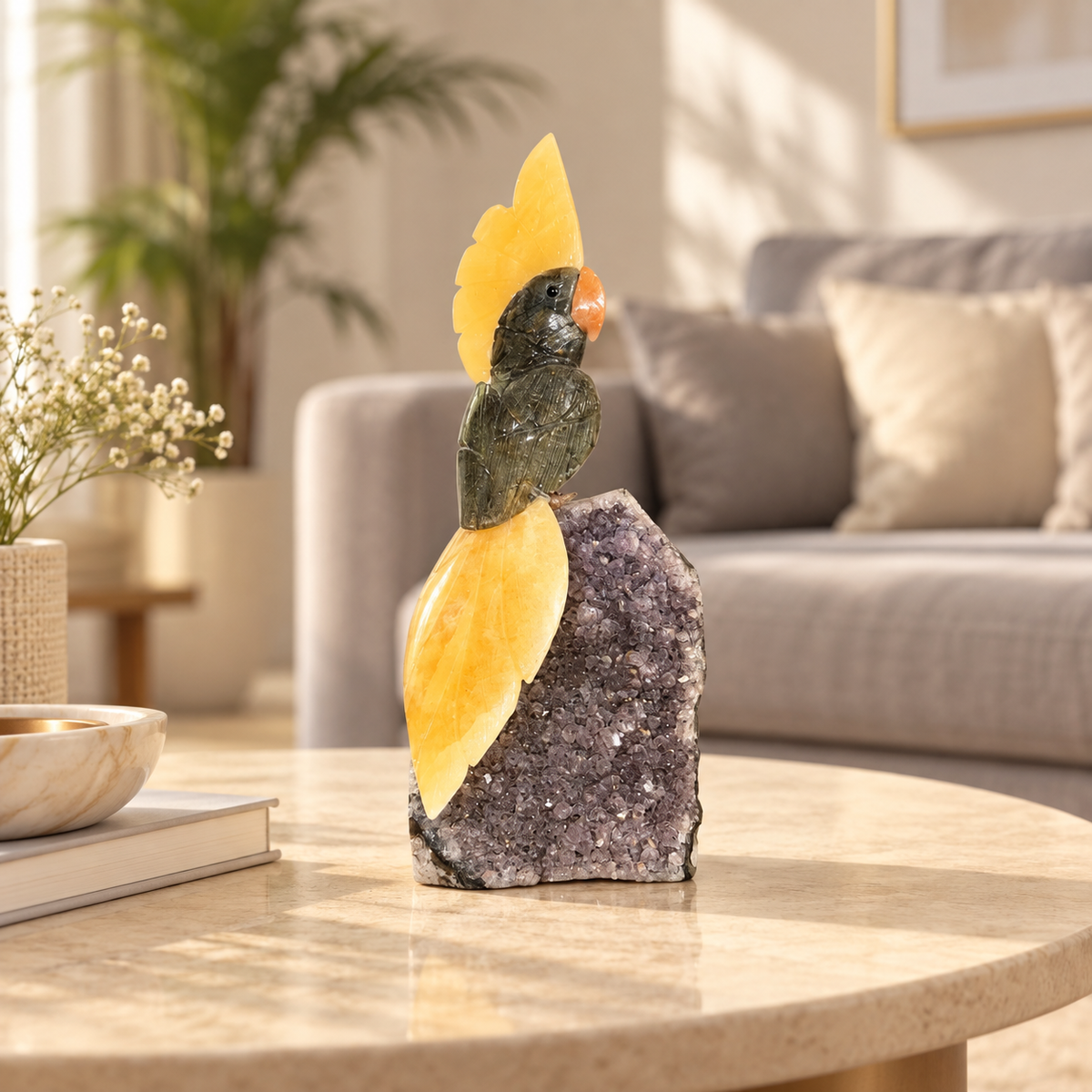 Noctavia Black Tourmaline Gemstone Bird – Yellow Calcite Crystal Parrot on Amethyst Base, Protection & Positivity Symbol, 10 Inch, 1.4 kg