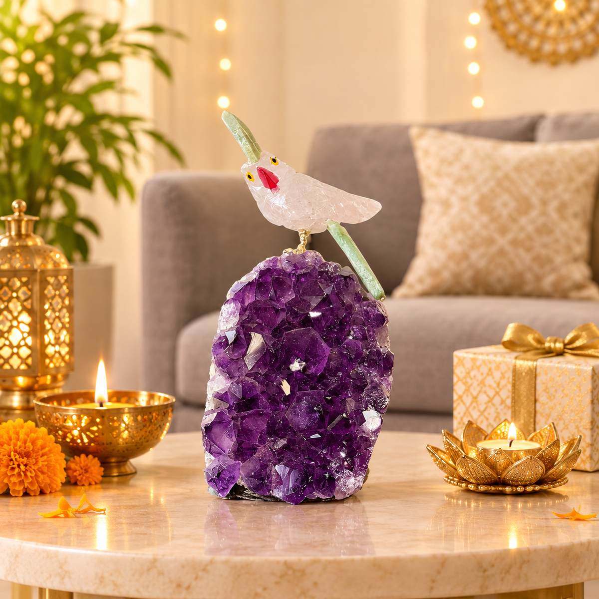 Aurevia Amethyst Gemstone Bird – Clear Quartz & Green Jade Crystal Parrot Home Décor, Clarity & Harmony Symbol, 4 Inch, 0.377 kg