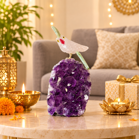 Aurevia Amethyst Gemstone Bird – Clear Quartz & Green Jade Crystal Parrot Home Décor, Clarity & Harmony Symbol, 4 Inch, 0.377 kg