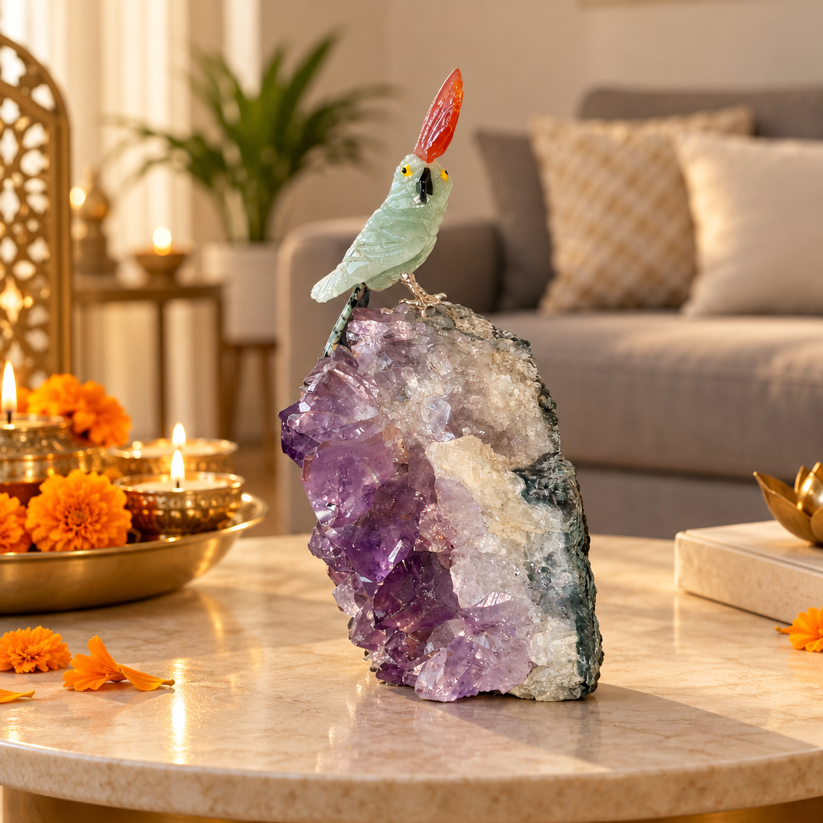 Aurevia Green Jade Gemstone Bird – Amethyst Crystal Parrot Home Décor, Prosperity & Harmony Symbol