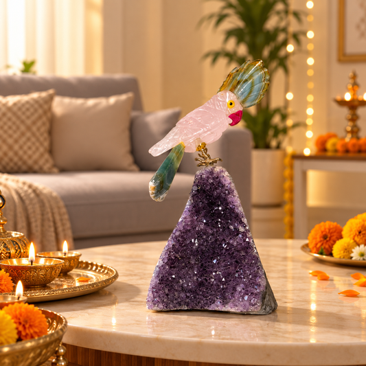 Roselle Amethyst Gemstone Bird – Rose Quartz Crystal Parrot with Green Agate Crown & Tail, Love, Harmony & Positivity Symbol, Premium Home Décor, 4 Inch, 0.178 kg