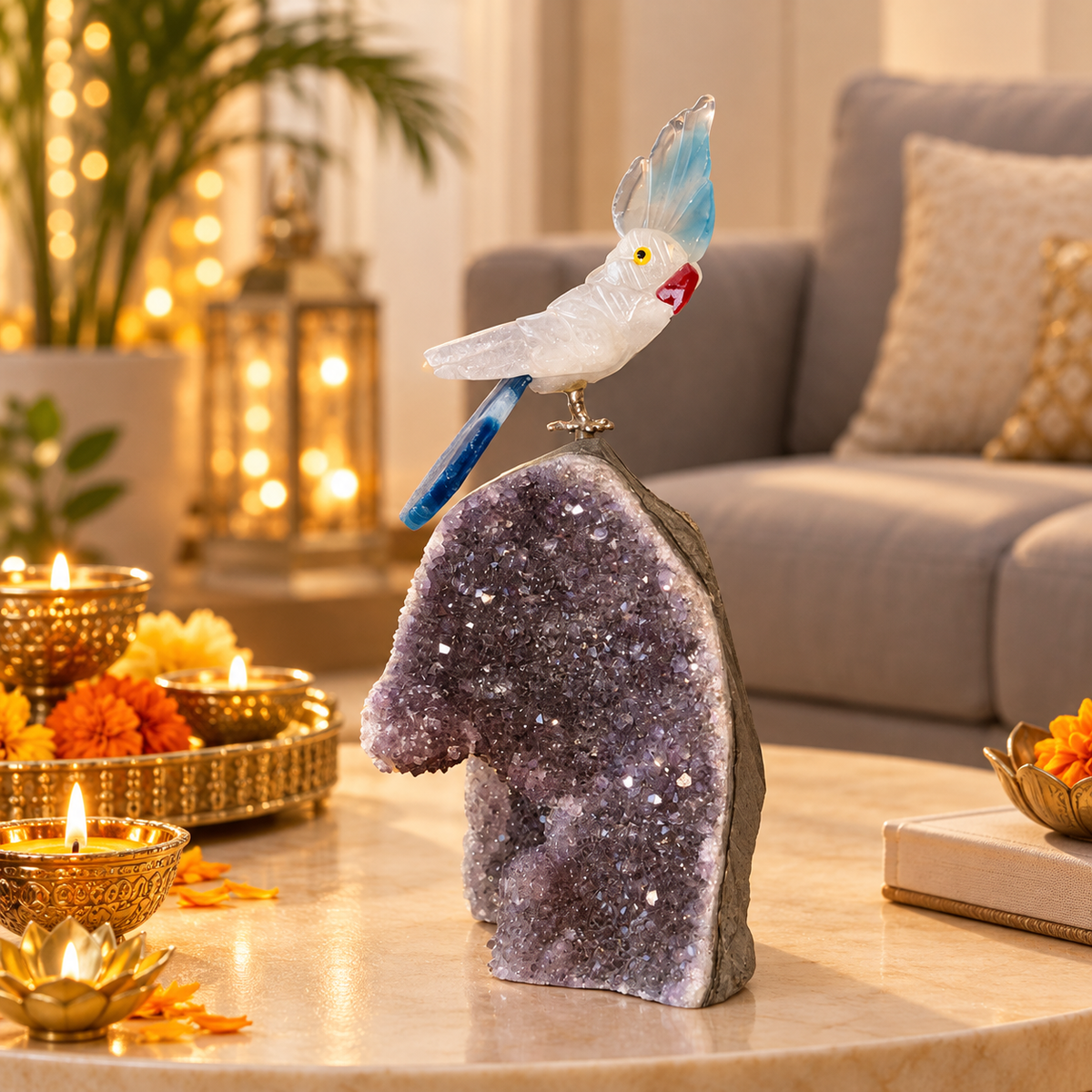 Celestia Amethyst Gemstone Bird – Clear Quartz & Blue Agate Crystal Parrot Home Décor, Clarity & Harmony Symbol, 6 Inch, 0.442 kg