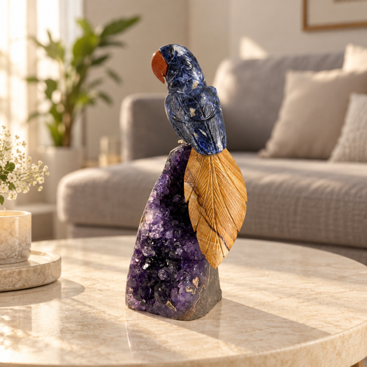 Sodalique Blue Sodalite Gemstone Bird – Wood Jasper Agate Crystal Parrot on Amethyst Base, Clarity & Grounding Symbol, 7 Inch, 1.1 kg