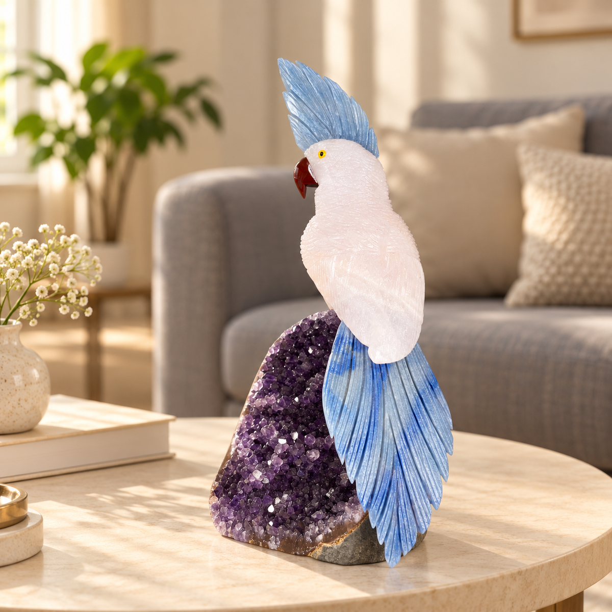 Aurelis White Quartz & Lapis Lazuli Gemstone Bird – Amethyst Crystal Parrot Home Décor, Clarity & Wisdom Symbol | 9.5 Inch, 1.3 kg.