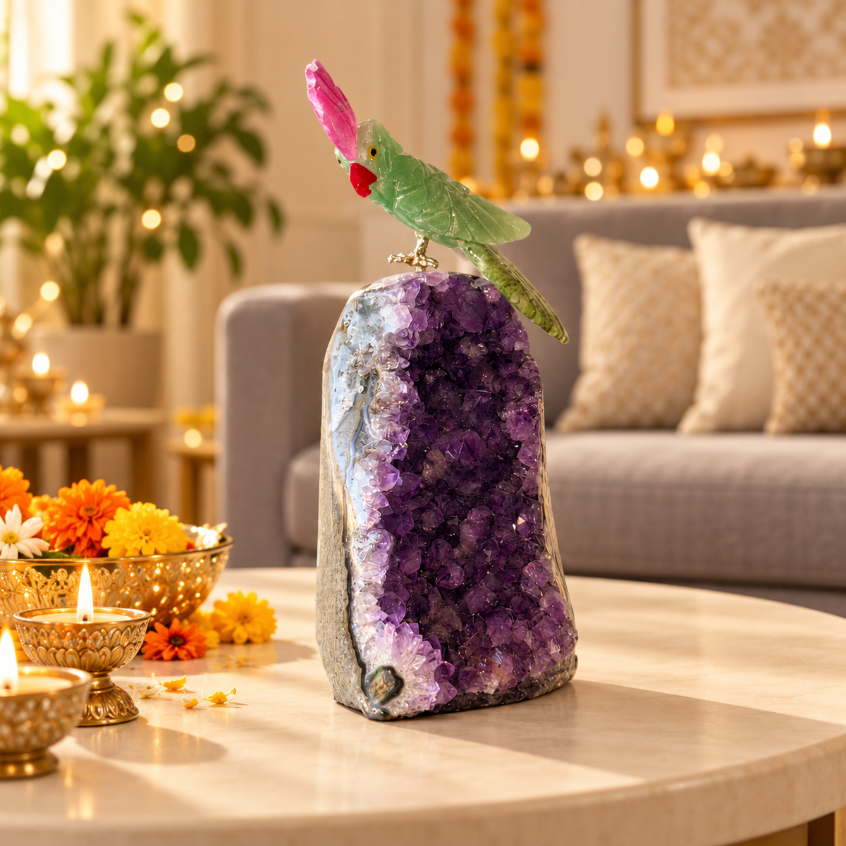 Green Jade & Ruby Zoisite Gemstone Bird on Amethyst Base – Pink Agate Crown Crystal Parrot Home Décor, Harmony & Prosperity Symbol, 5.5 Inch, 0.496 kg