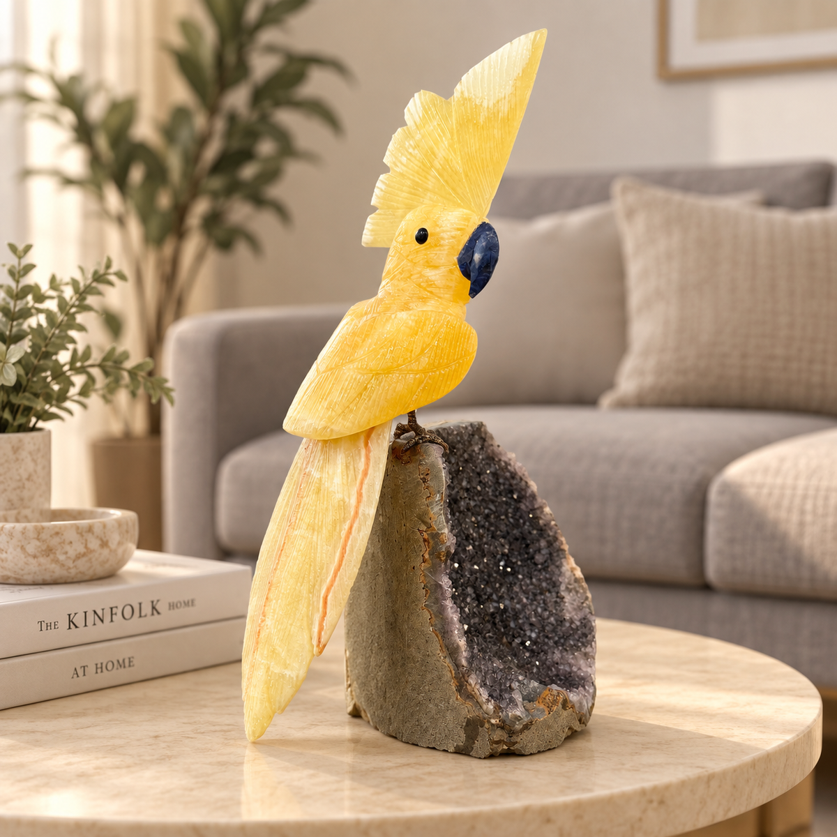 Solvaya Yellow Calcite Gemstone Bird – Crystal Parrot on Amethyst Base, Positivity & Confidence Symbol, 9.5 Inch, 1.5 kg