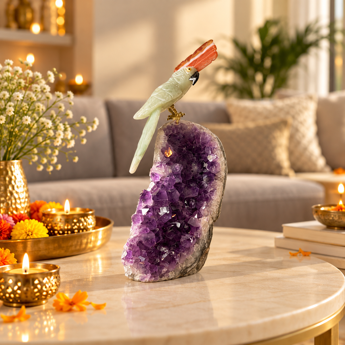Aurevia Green Jade & Amethyst Gemstone Bird – Brown Agate Crown Crystal Parrot Home Décor, Prosperity & Harmony Symbol