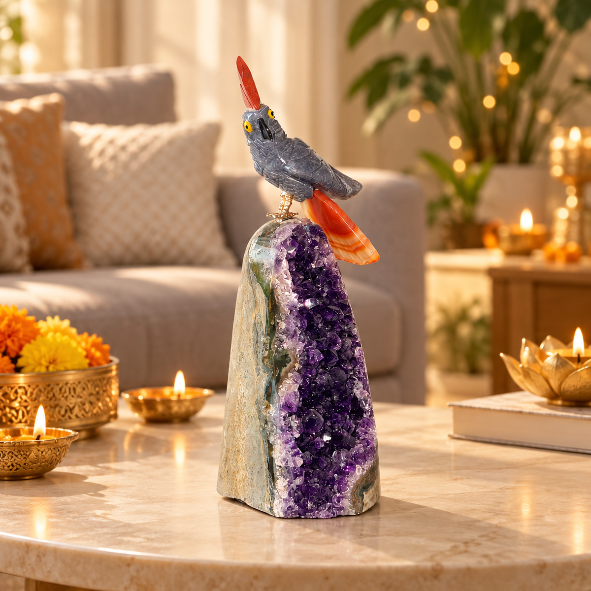 Aurevia Blue Sodalite Gemstone Bird – Brown Agate Crystal Parrot on Amethyst Base, Wisdom, Clarity & Harmony Symbol