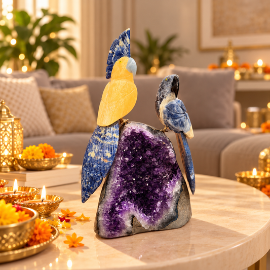 Amethyst Gemstone Duo Bird Pair – Yellow Calcite & Blue Sodalite Crystal Parrot Home Décor, Harmony & Togetherness Symbol | 9 Inch, 1.560 kg