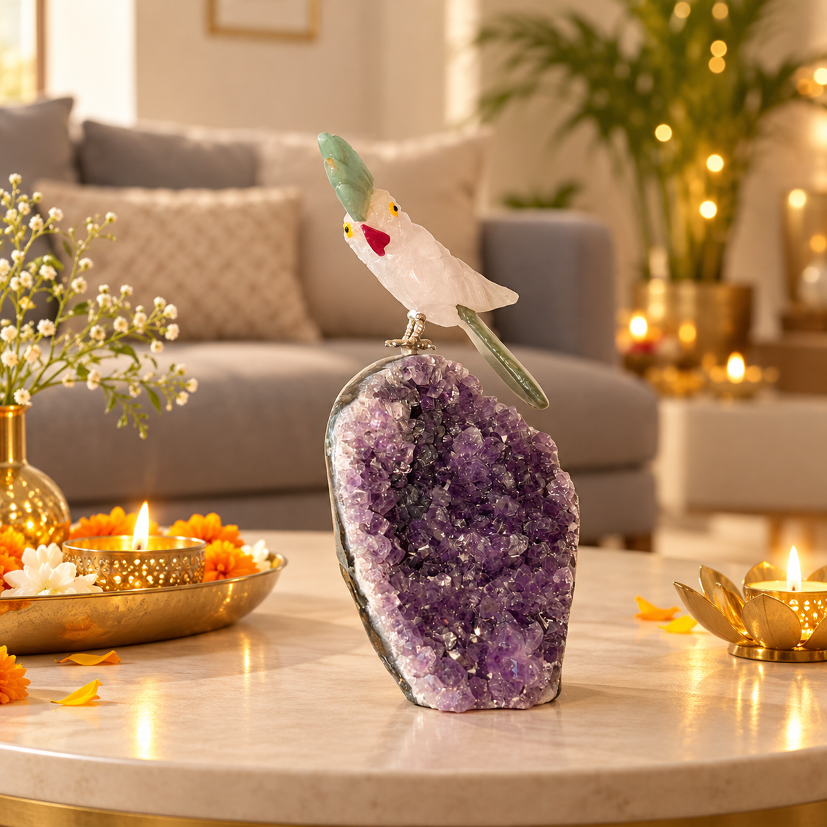 Jadecrest Amethyst Gemstone Bird – Clear Quartz Crystal Parrot Home Décor, Clarity, Prosperity & Harmony Symbol | 5 Inch, 0.272 kg