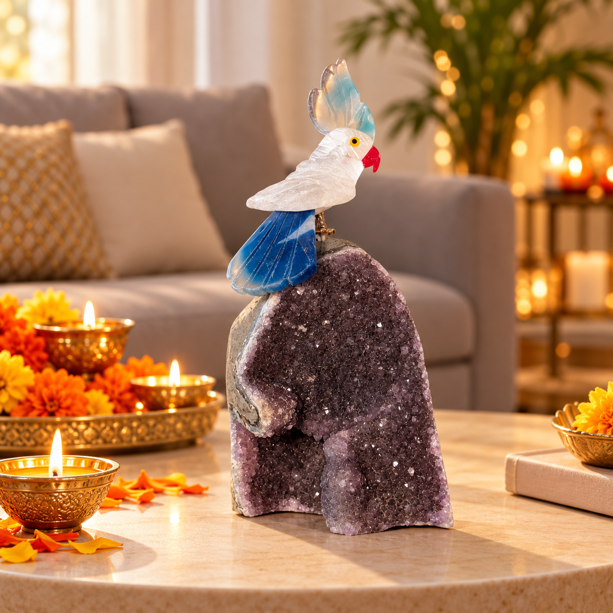 Celestia Amethyst Gemstone Bird – Clear Quartz & Blue Agate Crystal Parrot Home Décor, Clarity & Harmony Symbol, 6 Inch, 0.442 kg