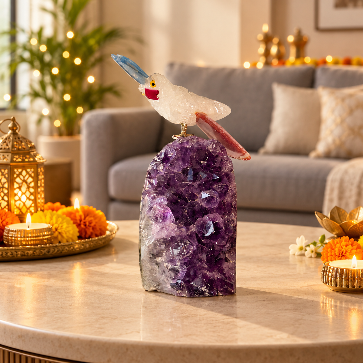 Aurevia Amethyst Gemstone Bird – Clear Quartz Crystal Parrot Home Décor, Clarity & Harmony Symbol