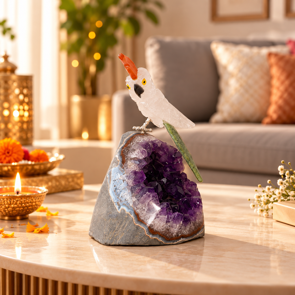 Amethyst Gemstone Crystal Parrot – Clear Quartz Body, Ruby Zoisite Tail & Orange Agate Crown, Peace & Harmony Symbol, Luxury Home Décor, 4 Inch, 0.296 kg