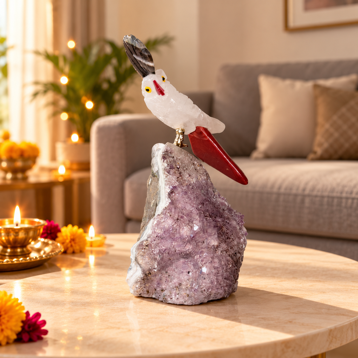 Clear Quartz Gemstone Bird on Amethyst Base – Gray Agate Crown & Orange Agate Tail, Crystal Parrot Home Décor, Clarity & Positive Energy Symbol, 4.5 Inch, 0.323 kg