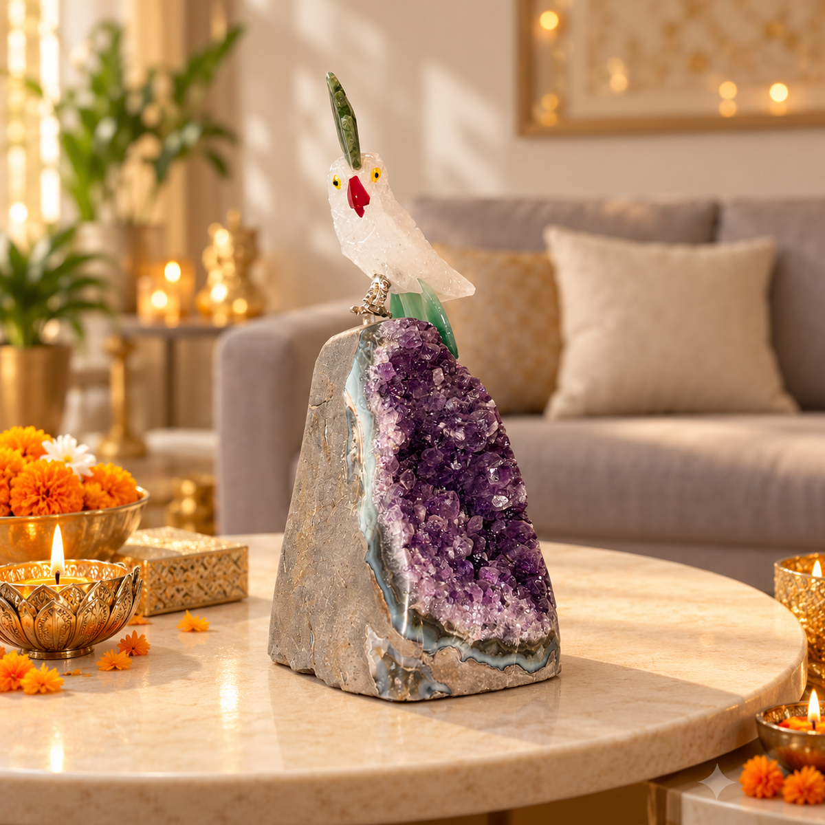 Clear Quartz Gemstone Bird on Amethyst Base – Green Aventurine & Green Agate Crystal Parrot, Clarity, Prosperity & Harmony Symbol