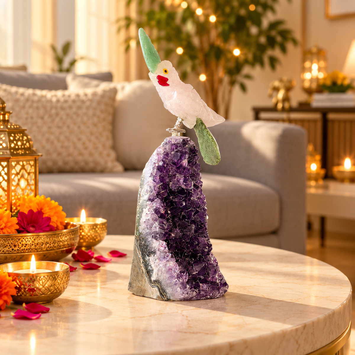 Serenia Amethyst Gemstone Bird – Rose Quartz Crystal Parrot with Green Jade Crown & Ruby Zoisite Tail, Love, Harmony & Positivity Symbol | 5.5 Inch, 0.241 kg