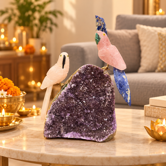 Rose Quartz & Blue Sodalite Gemstone Dual Bird Pair on Natural Amethyst – Crystal Couple Parrot Home Décor, Love & Harmony Symbol | 8.5 Inch, 2 kg