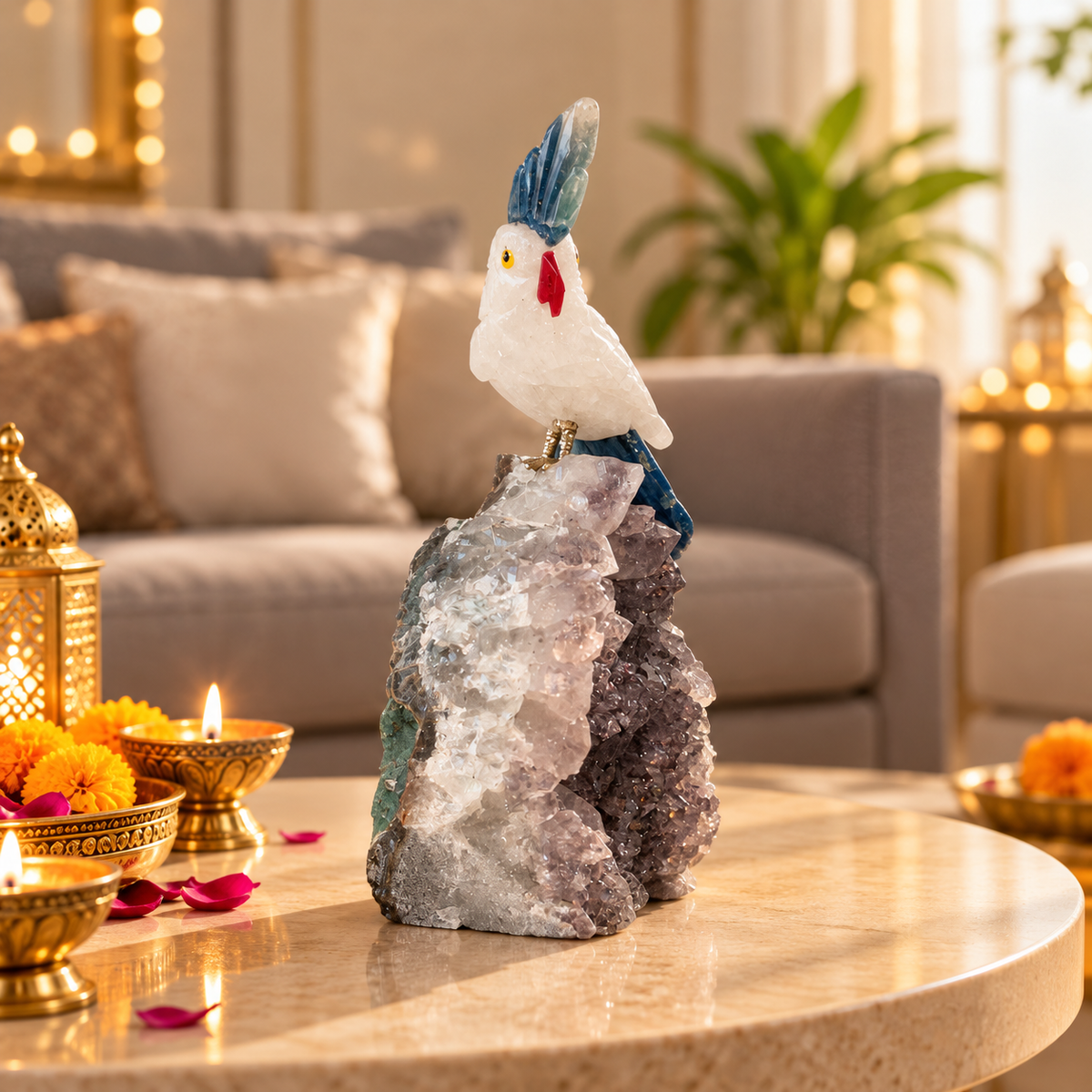Aurevia White Quartz & Blue Agate Gemstone Bird – Amethyst Crystal Parrot Home Décor, Peace, Clarity & Harmony Symbol | 4.5 Inch, 0.313 kg