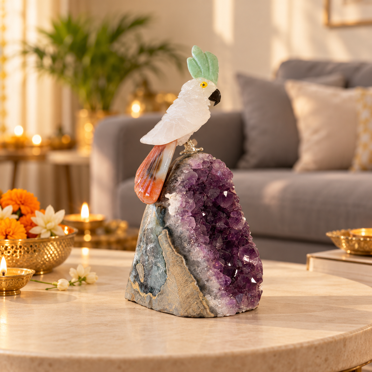Clear Quartz Gemstone Parrot on Amethyst Base – Green Jade Crown & Brown Agate Tail, Clarity & Harmony Symbol, 4.5 Inch, 0.333 kg