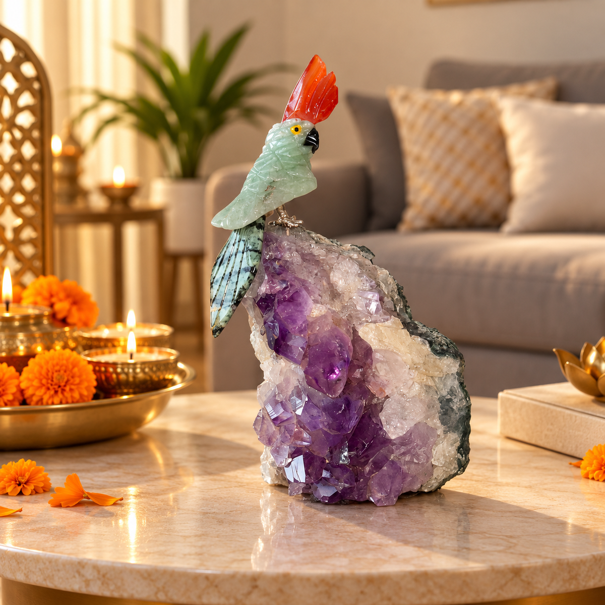 Aurevia Green Jade Gemstone Bird – Amethyst Crystal Parrot Home Décor, Prosperity & Harmony Symbol