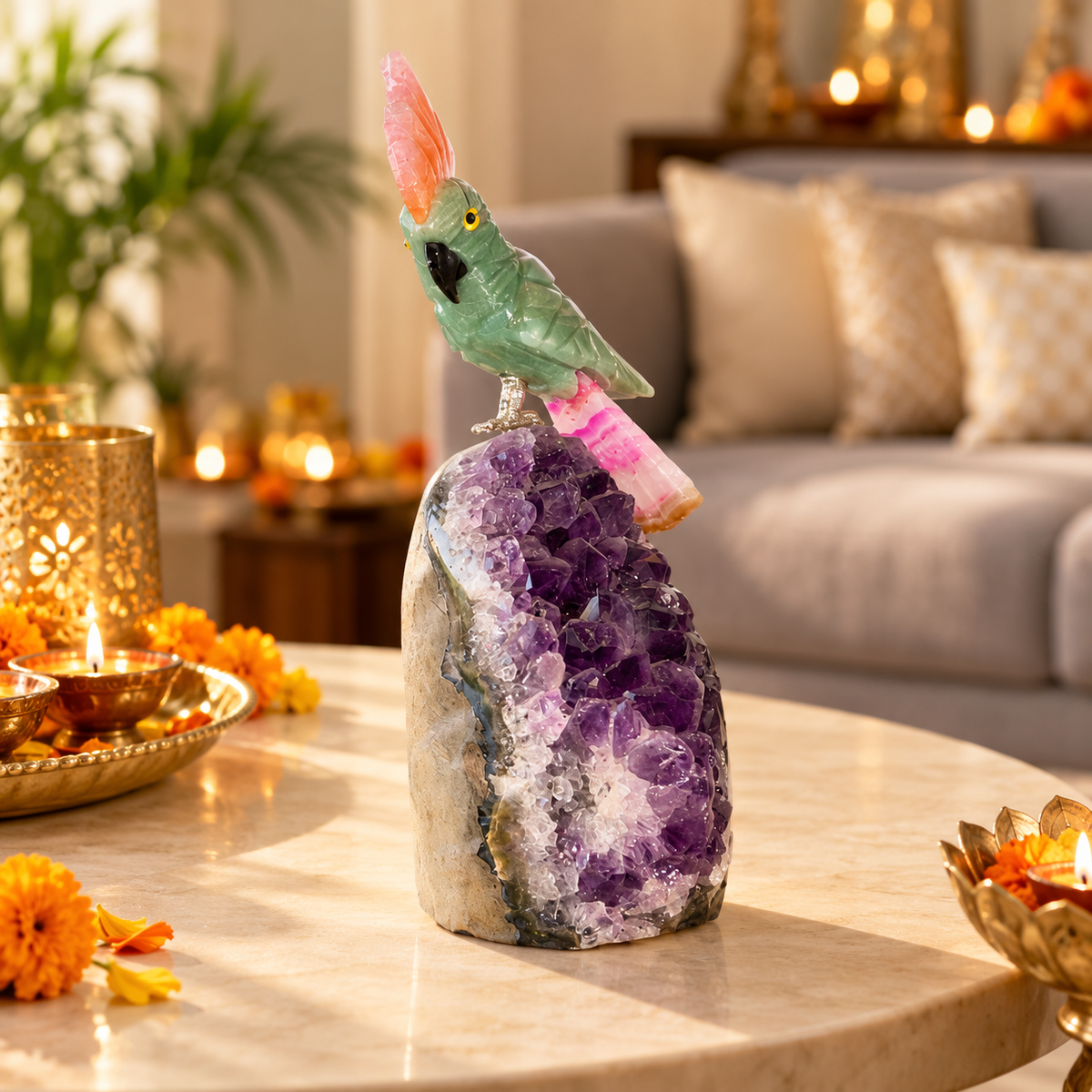 Green Jade & Pink Agate Gemstone Parrot on Amethyst Base – Crystal Bird Home Décor, Love, Harmony & Positivity Symbol | 5 Inch, 0.300 kg
