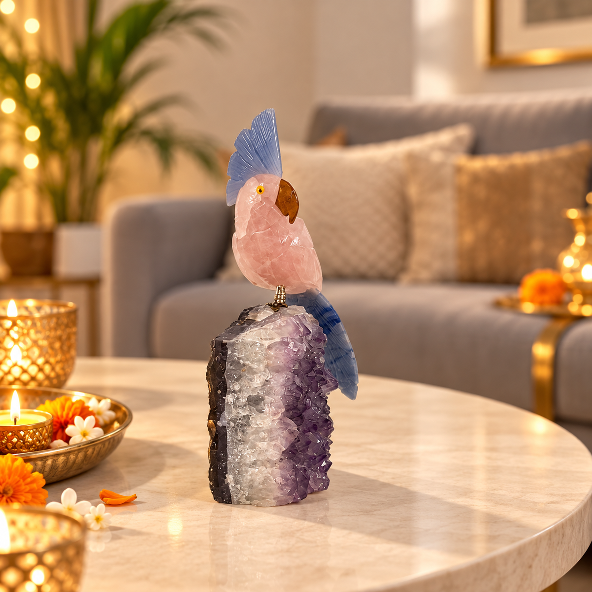 Aurevia Amethyst Gemstone Bird – Rose Quartz & Lapis Lazuli Crystal Parrot Home Décor, Love & Harmony Symbol, 7 Inch, 0.746 kg
