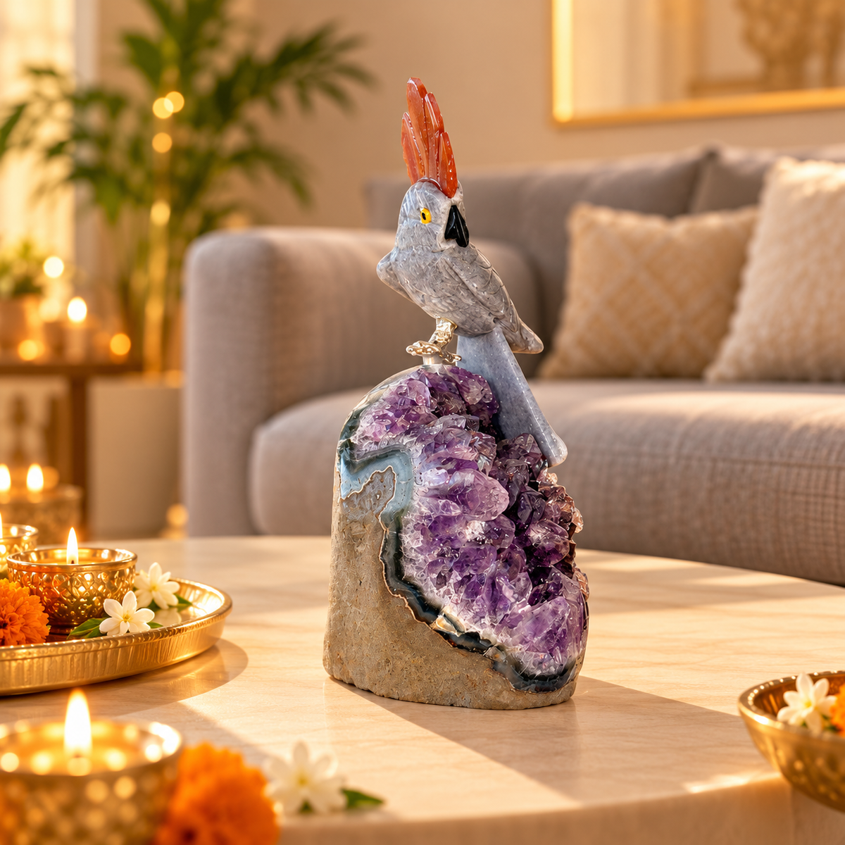 Grey Calcite Amethyst Gemstone Bird – Lapis Lazuli Tail & Orange Agate Crown, Crystal Parrot Home Décor, Peace & Clarity Symbol