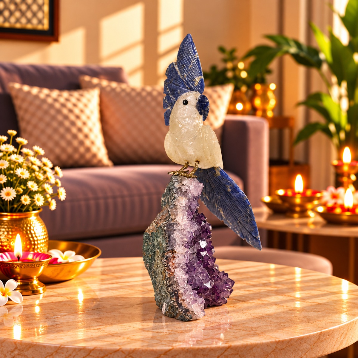 Clarvia Amethyst Gemstone Bird – Clear Quartz & Blue Sodalite Crystal Parrot Home Décor, Clarity, Wisdom & Harmony Symbol 10 inch, 1.1 Kg