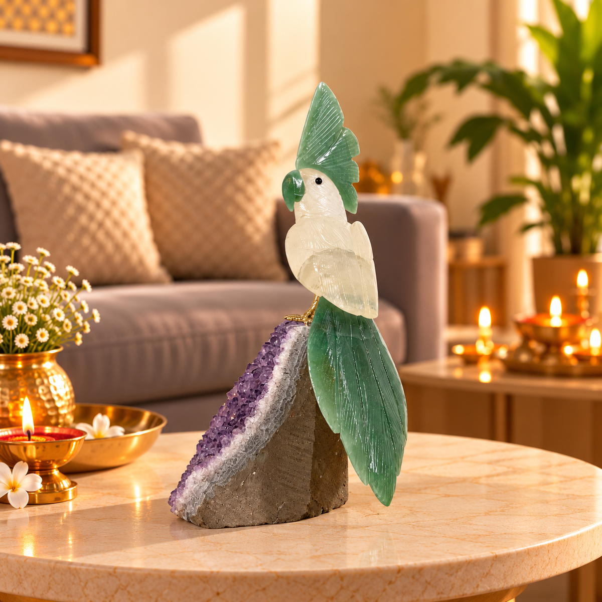 Jadevia Amethyst Gemstone Bird – Clear Quartz & Green Jade Crystal Parrot Home Décor, Prosperity & Harmony Symbol 9.5 inch, 1.35 Kg