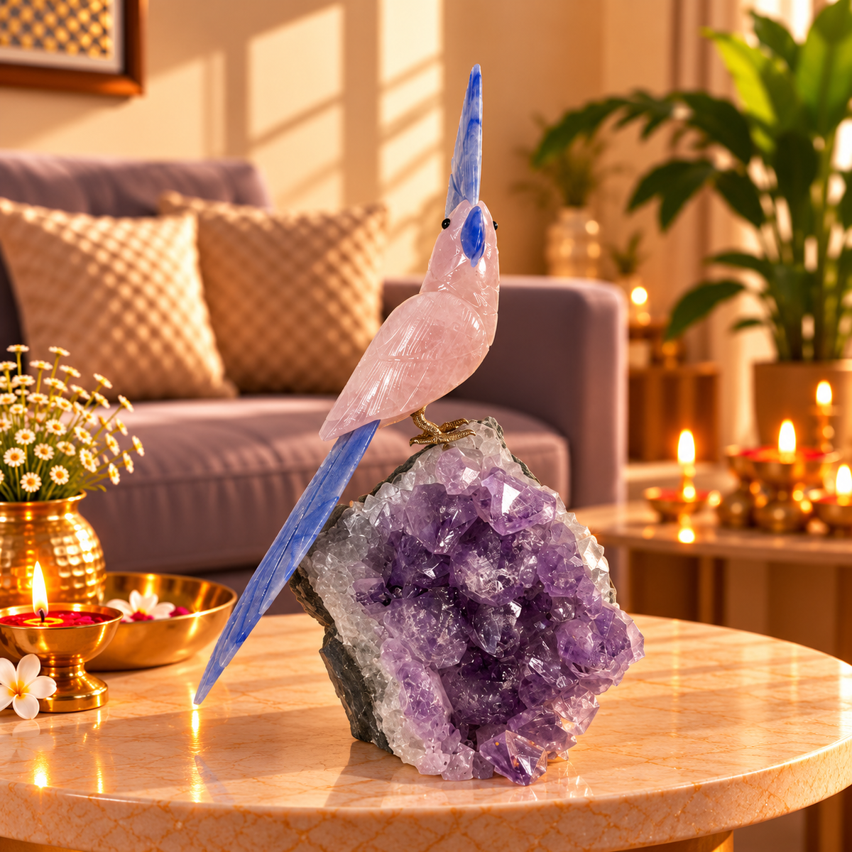 Rosavia Amethyst Gemstone Bird – Rose Quartz & Blue Sodalite Crystal Parrot Home Décor, Love, Clarity & Harmony Symbol 11 inch, 2.3 Kg
