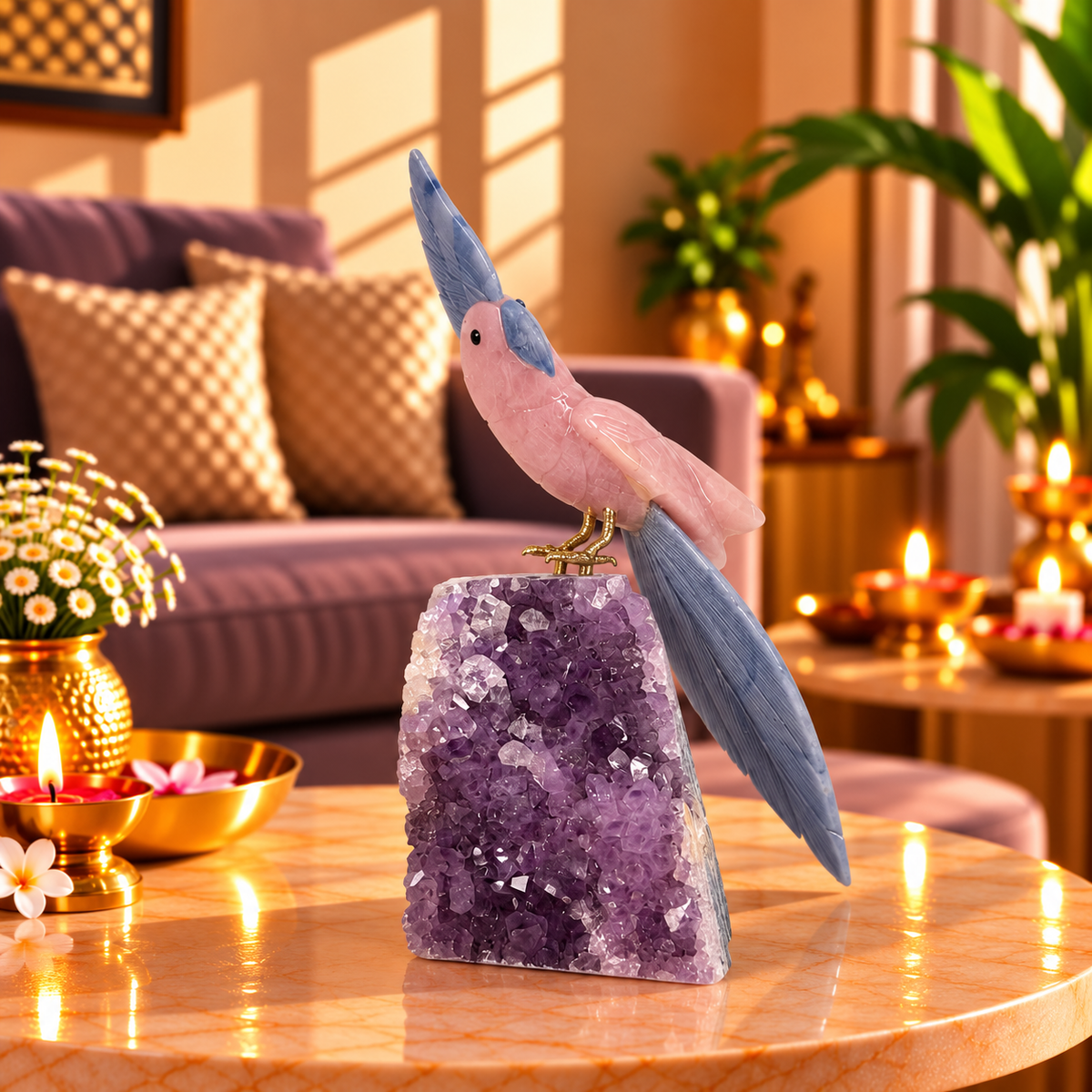 Roselle Amethyst Gemstone Bird – Rose Quartz & Blue Sodalite Crystal Parrot Home Décor, Love, Clarity & Harmony Symbol 8.5 Inch, 1.4 Kg