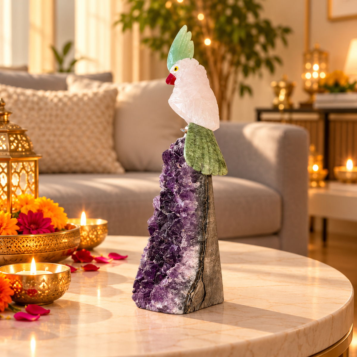 Serenia Amethyst Gemstone Bird – Rose Quartz Crystal Parrot with Green Jade Crown & Ruby Zoisite Tail, Love, Harmony & Positivity Symbol | 5.5 Inch, 0.241 kg