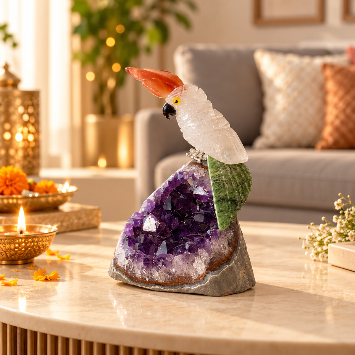 Amethyst Gemstone Crystal Parrot – Clear Quartz Body, Ruby Zoisite Tail & Orange Agate Crown, Peace & Harmony Symbol, Luxury Home Décor, 4 Inch, 0.296 kg
