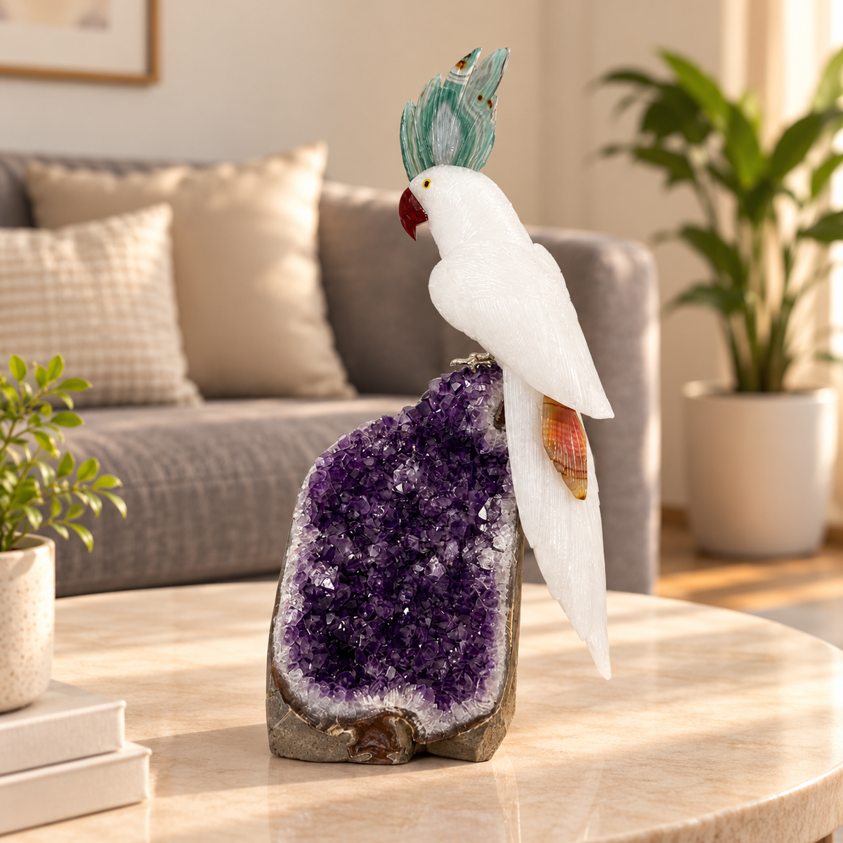 Aurelia Amethyst Gemstone Bird – White Quartz Crystal Parrot Home Décor, Peace & Clarity Symbol, 14.5 Inch, 3.400 kg