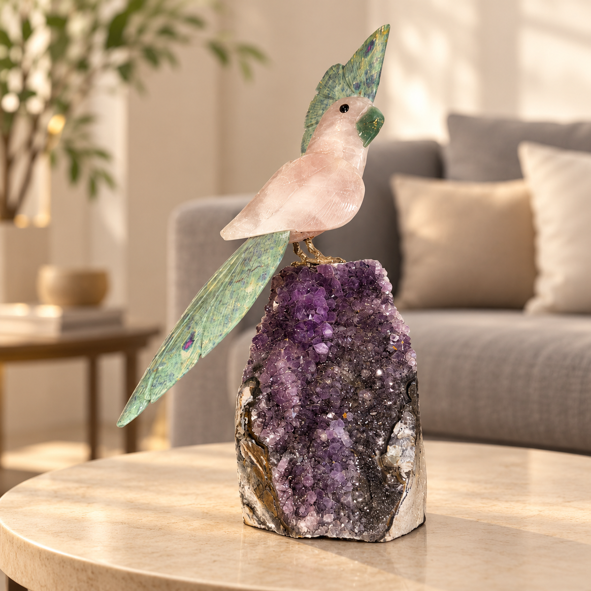 Aurevia Amethyst Gemstone Bird – Rose Quartz & Ruby Zoisite Crystal Parrot Home Décor, Love & Harmony Symbol | 9 Inch, 1.3 kg