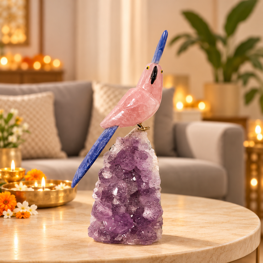 Rosella Amethyst Gemstone Bird – Rose Quartz & Lapis Lazuli Crystal Parrot Home Décor, Love & Wisdom Symbol, 8.5 Inch, 0.818 kg