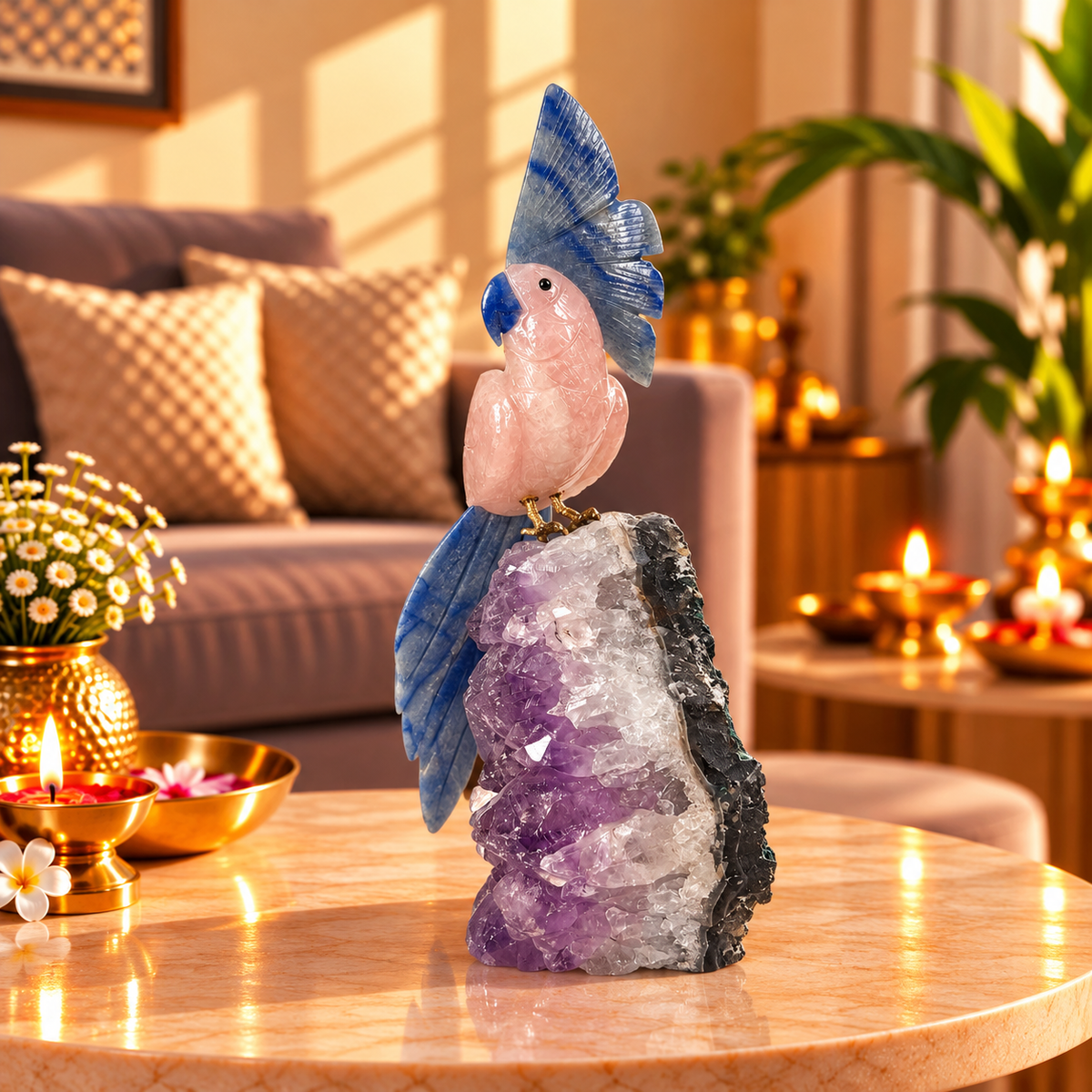 Rosavia Amethyst Gemstone Bird – Rose Quartz & Blue Sodalite Crystal Parrot Home Décor, Love, Clarity & Harmony Symbol 11 inch, 2.3 Kg