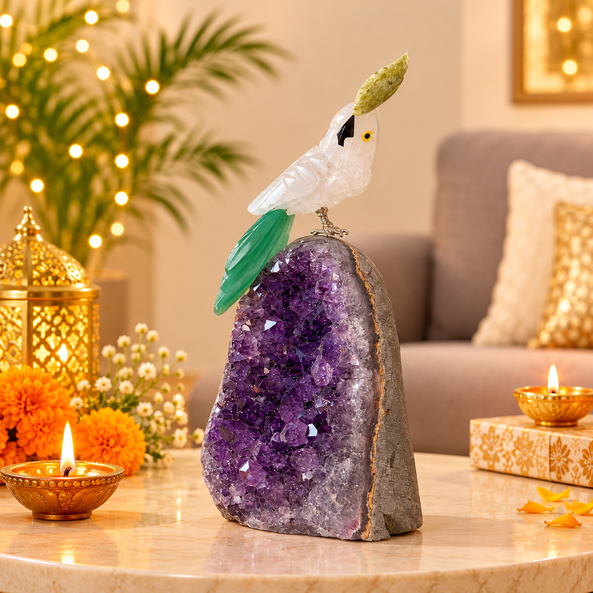 Celestia Amethyst Gemstone Bird – Clear Quartz Crystal Parrot with Green Agate Crown & Tail, Peace, Clarity & Harmony Symbol for Luxury Home Décor | 5 Inch, 0.375 kg